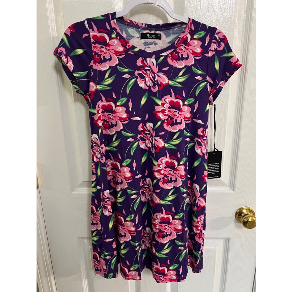 3)) 🔵 REVOLVE Michael Lauren purple and pink floral T shirt Dress XS NWT - Picture 2 of 7